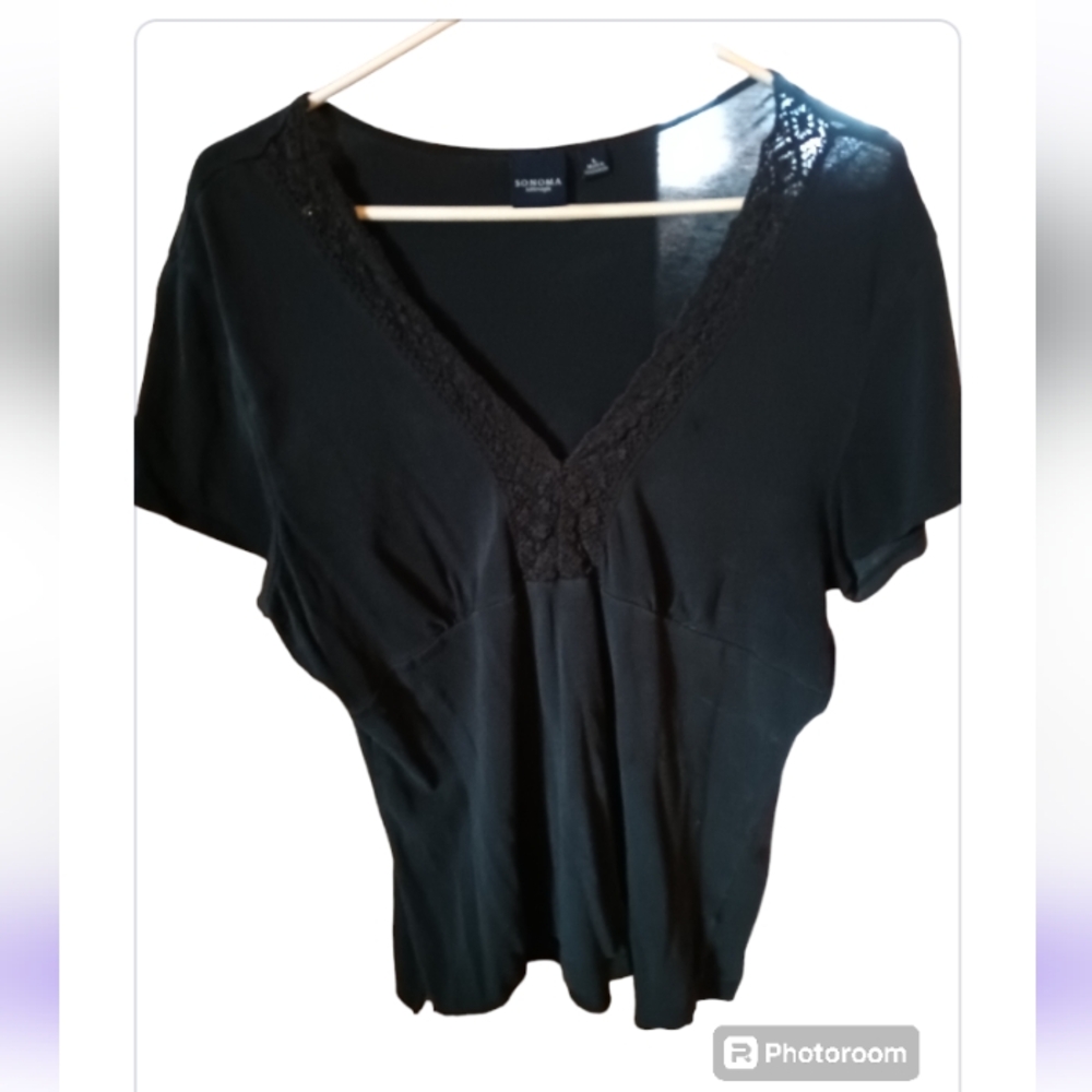 Sonoma Black V neck Tee Shirt with lace on neckline